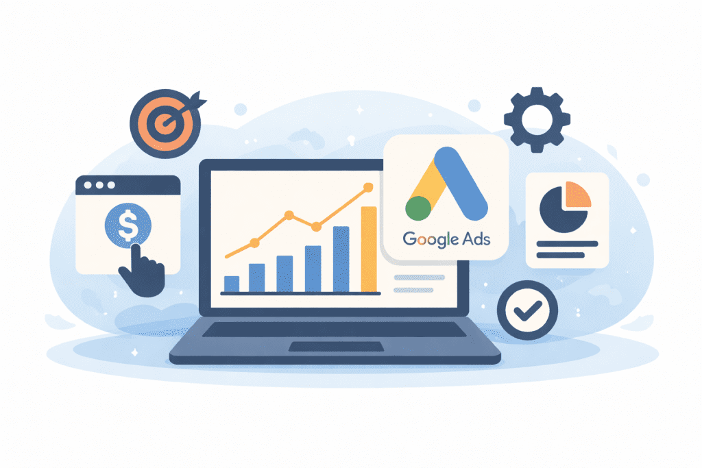 Performance Max : le guide complet pour maîtriser les campagnes Google Ads automatisées 1 Campagne Performance Max avec plusieurs canaux Google reliés entre eux, symbolisant l’automatisation et l’optimisation des publicités.
